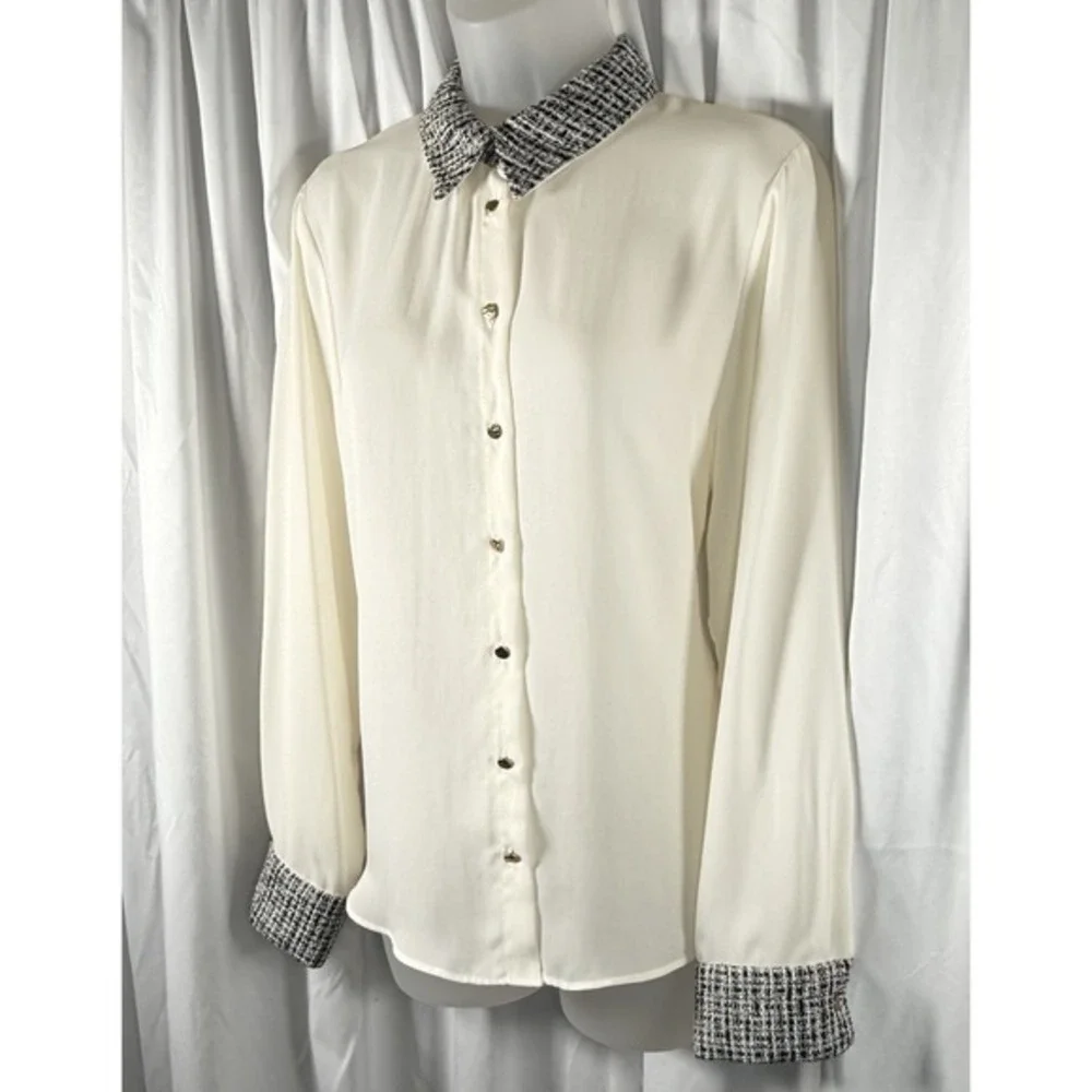 ZARA Cream Tweed Collar‎ Button Up Long Sleeve Blouse Women's L 88-21